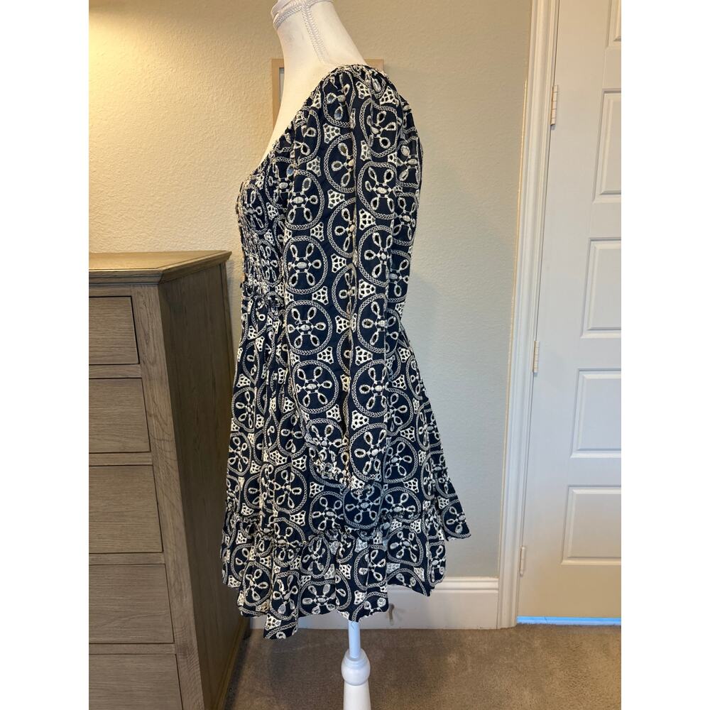 Lucca | 100% Cotton Navy/White Eyelit Babydoll Back Cutout Half Sleeve Dress | M - Picture 9 of 15